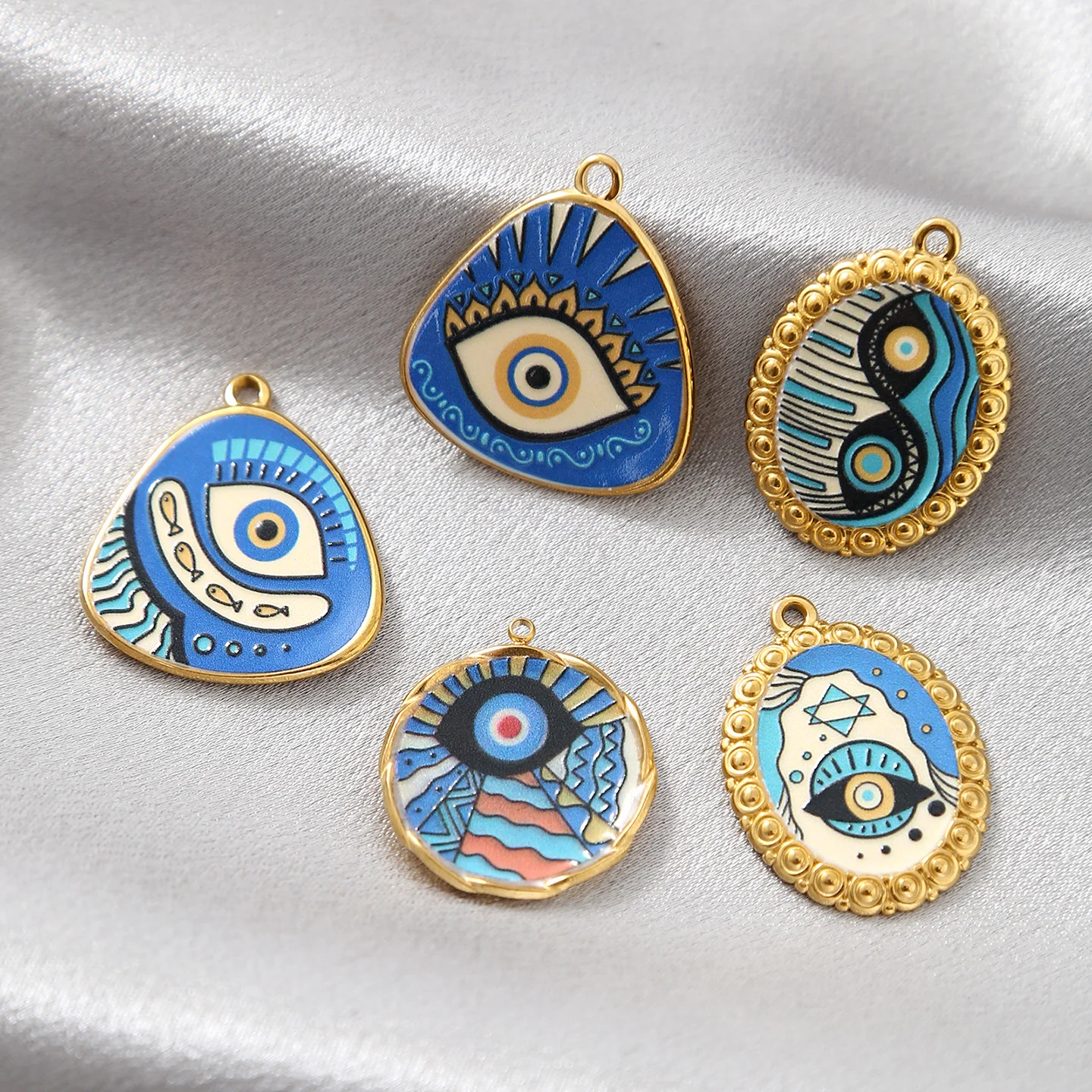 5pcs Stainless Steel Connector Blue Enamel Evil Eye Oval Round Charm Pendant for Jewelry Earring Making Bracelet DIY Accessories
