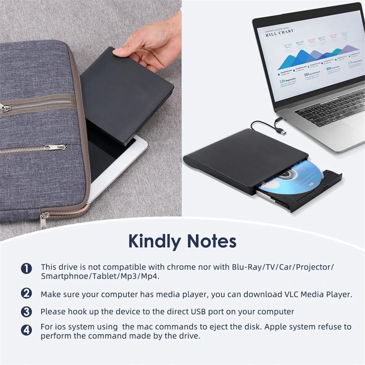 ABDX-CD DVD externo +/-RW Drive, USB 3.0 e USB-C portátil CD e DVD ROM Burner Player Reader Writer Rewriter Disc