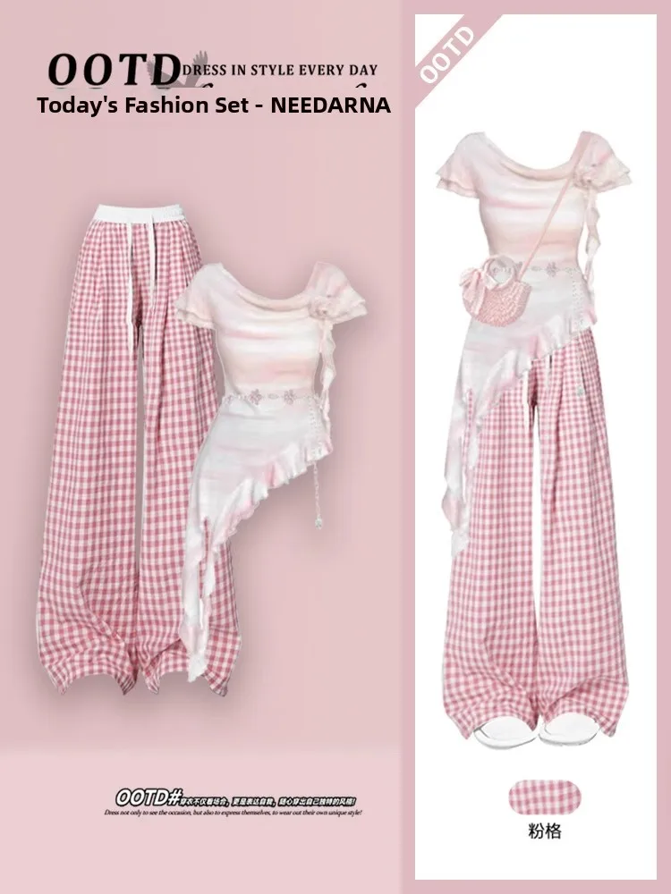 

Летний комплект Dopane, уникальный красивый розовый нерегулярный ort Sve, широкие брюки, цельный комплект, модный повседневный женский наряд