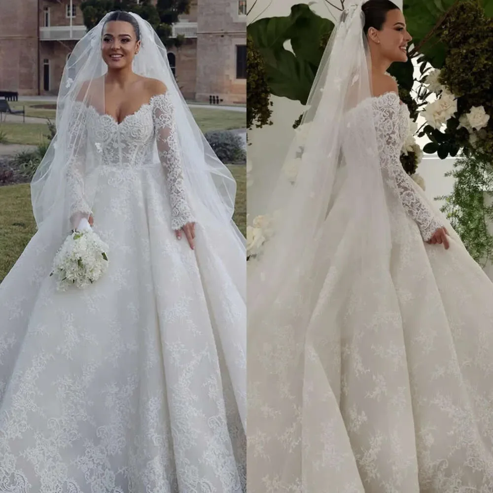 Vestido De boda bohemio con hombros descubiertos, manga larga, volantes, 2024