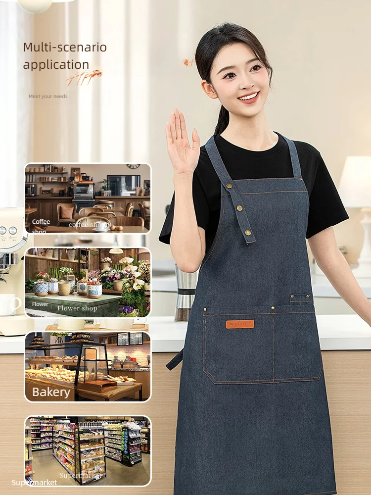 Durable Denim Hanging Neck Chef Apron for Dining West Restaurant Coffee Master Milk Tea Shop Supermarket Staff Uniform