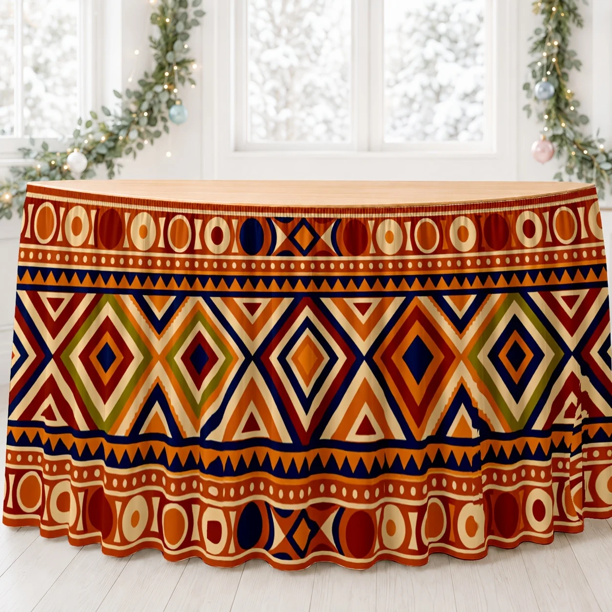 One Bohemian tribal-style tablecloth cover with geometric diamond patterns