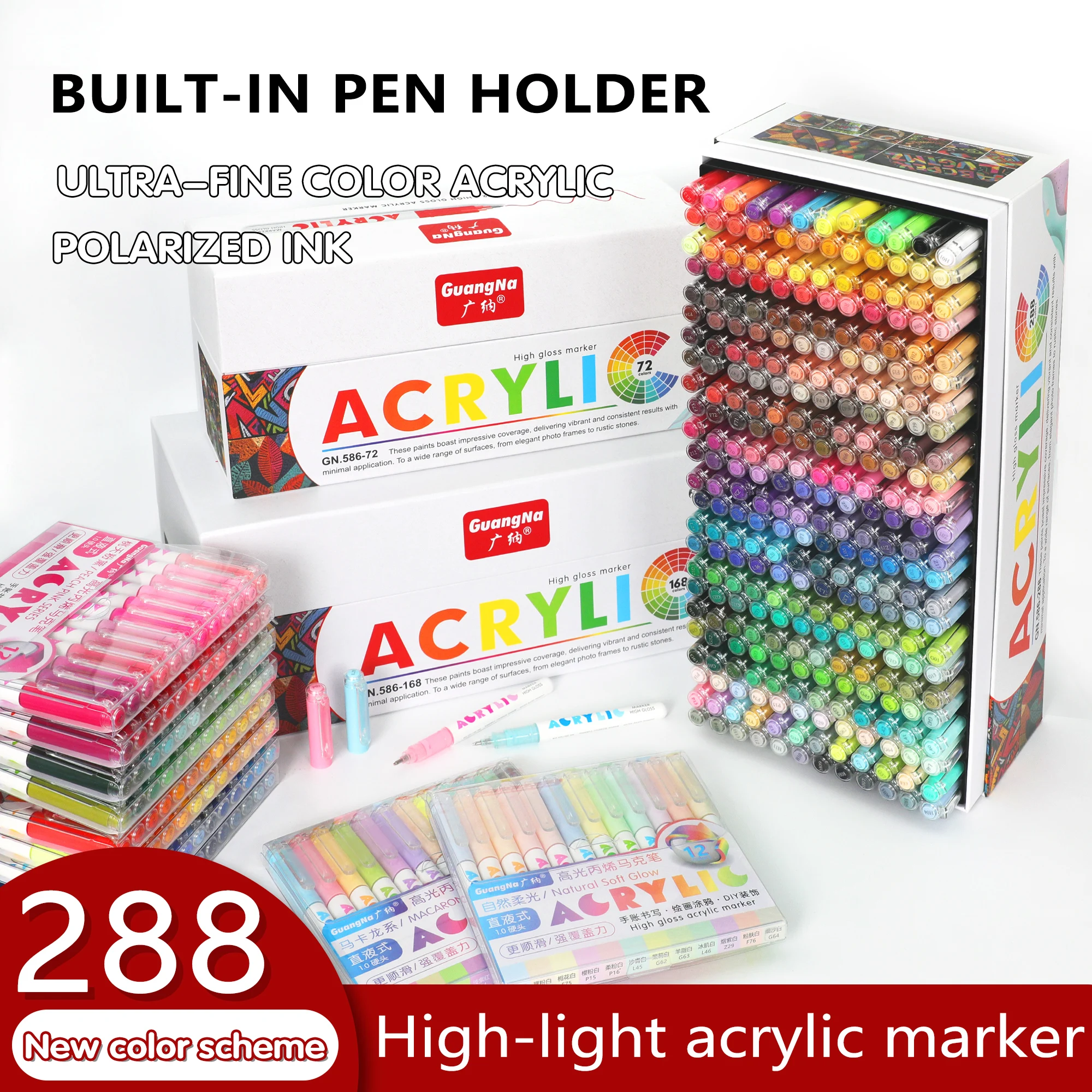 GN 12-288 Colors Large Capacity Acrylic Marker Pens, Overlay Coloring Highlighters for Art School Supplies