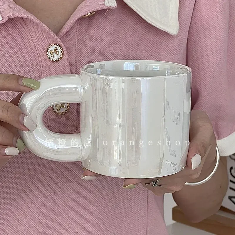 Korean Style Pearl White Ceramic Mug Household Coloured Glaze Coffee Cup