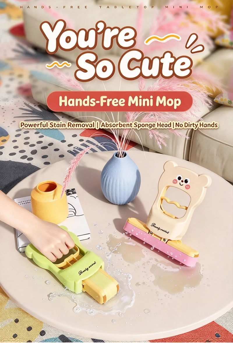 Cartoon Bear Mini Mop for Household Bathroom Countertop Stain Removal Hands-Free Cute Lazy Desktop Cleaning Tool