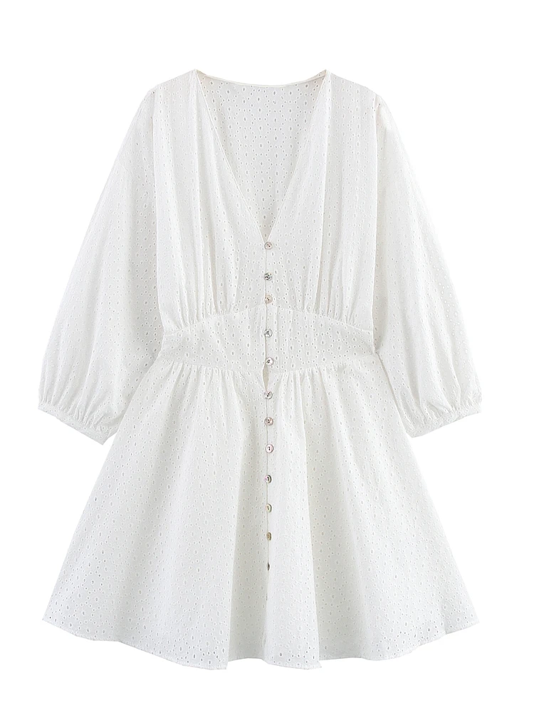 

OUROPEAN ZTATION 2025 Summer Woman's Commuting Dress Chic Female V-Collar Long Sleeve Dresses embroidery Mini Skirt Hollow Out