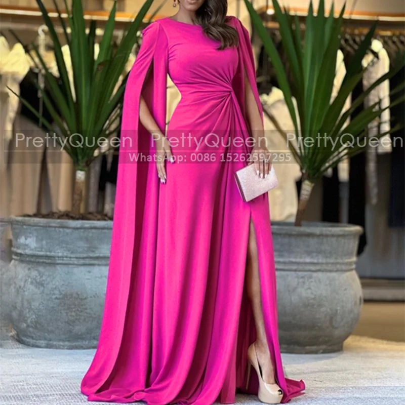 

A Line Mother of the Bride Dresses Cape Long Sleeves Side Split Customized Arabic Dubai Hot Pink Wedding Party Dress Fo