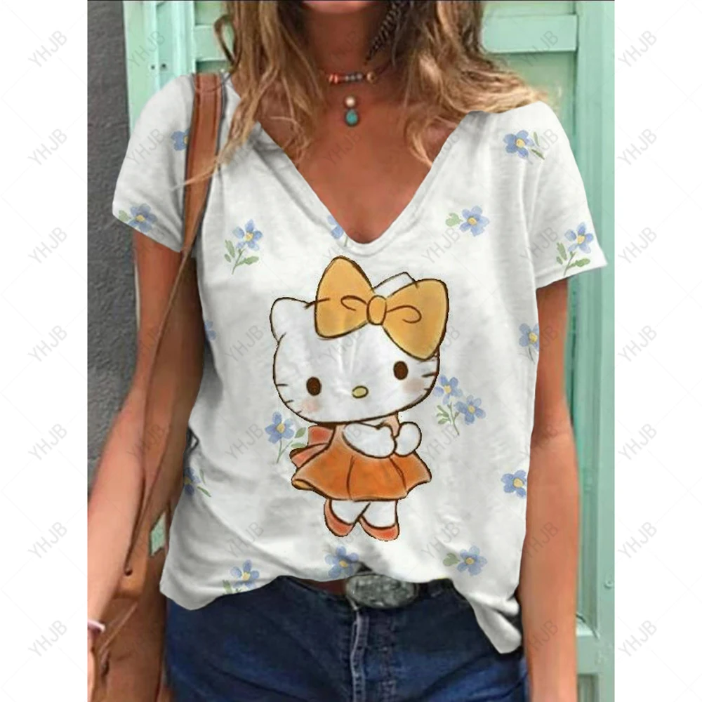 2025 Vendita calda estiva T-shirt con scollo a V da donna carina Stampa 3D Hello Kitty Cartoon T-shirt da donna Top Abbigliamento divertente Manica corta