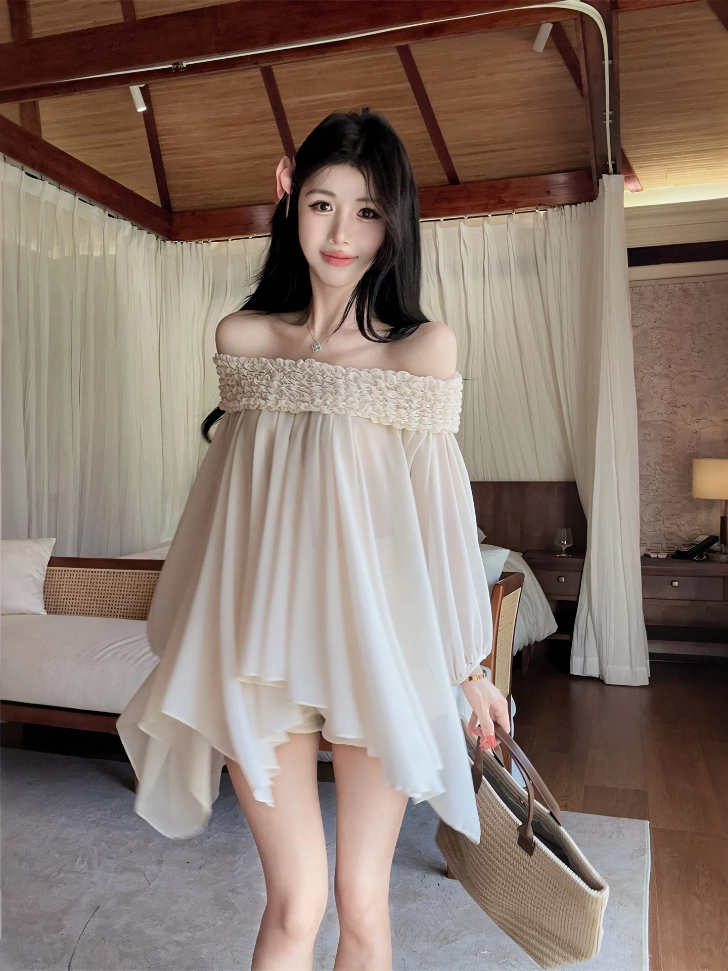 

Summer Design Sense Heavy Embellished Long Sleeve One Shoulder Women's Chiffon Top Korean Style Commute Wind Loose Fit Polyes...
