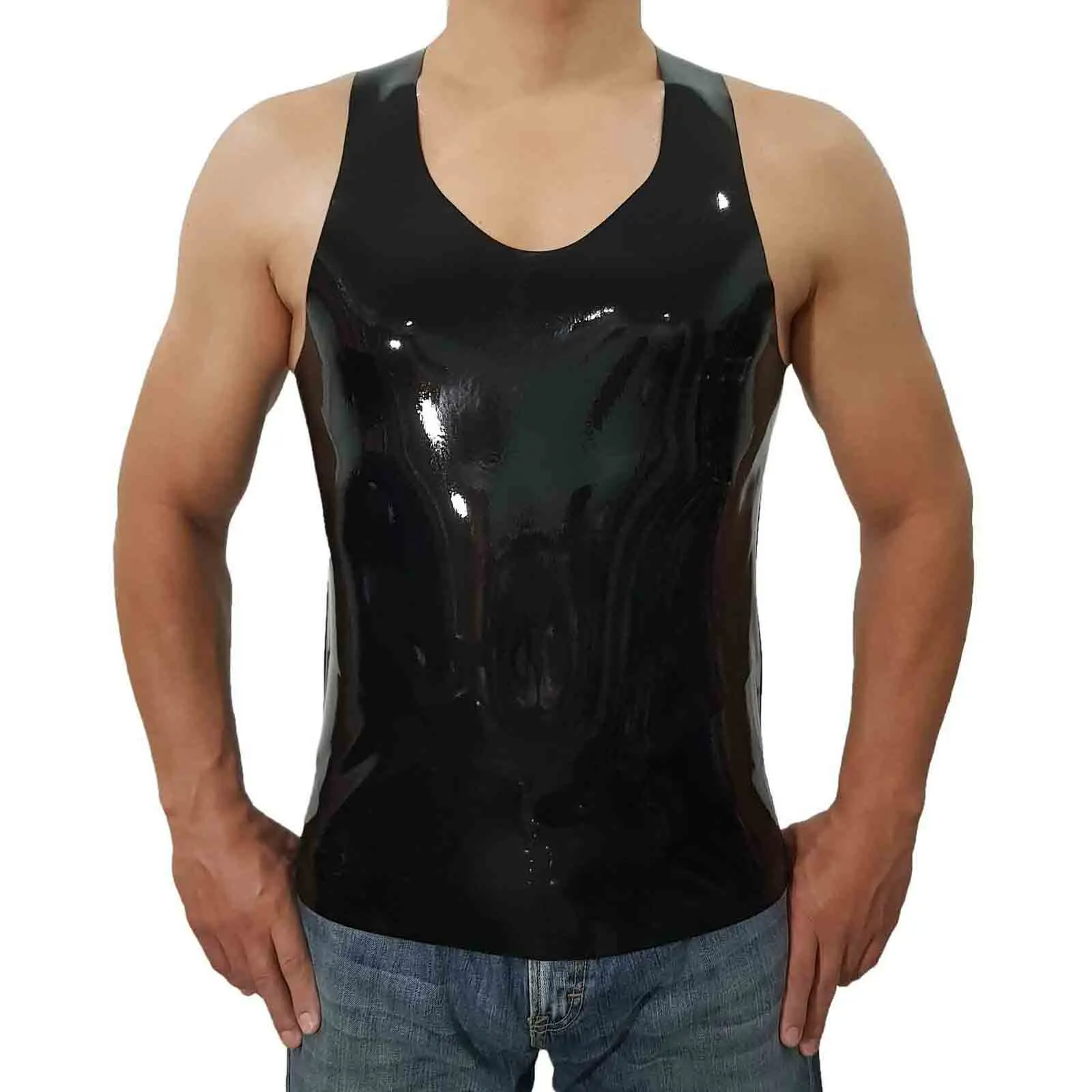 

MONNIK Black Latex Vest Men's T-shirt 0.4mm Underwaist for Bodysuit Party Club Wear