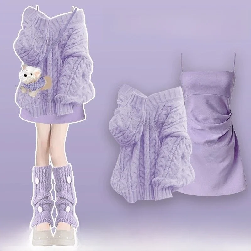 

New Plus Size Knitted Sweater+camisole Skirt Two-piece Set, Korean Style Gentle Outfit, Loose and Lazy Outfit