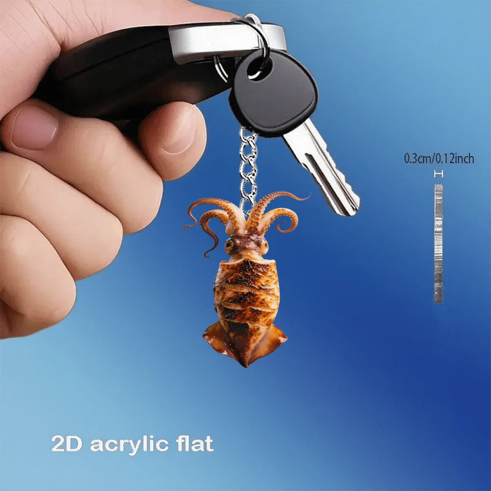 2D Grilled Squid Keychain Fun Flat Acrylic Pendant Creative Parties Accessory Holiday Decoration Giveaway For Men Students Boys