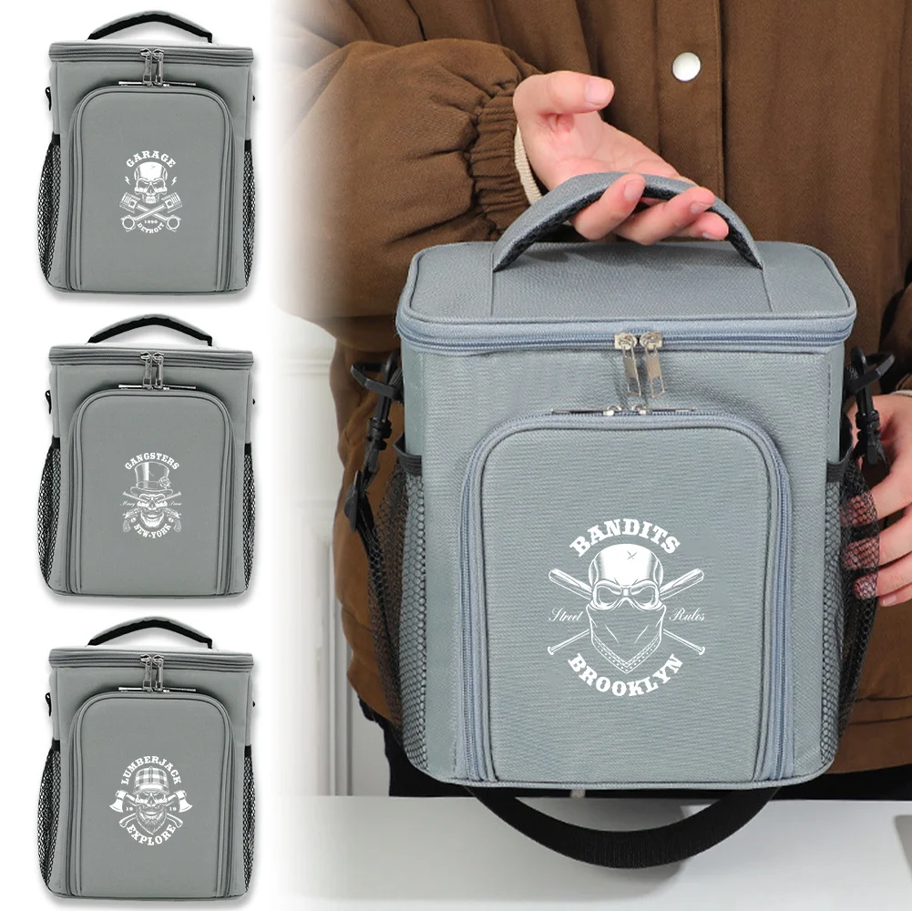 

Ice Pack Food Tote Lunch Bag Outdoor Organizer Case Skull Printing Series Insulated Bags Front Opening Double-layer