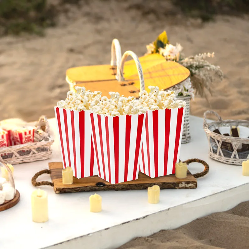 10pcs Popcorn Paper Boxes Buckets Red White Stripes Popcorn Bags Snack Containers Movie Night Birthdays Festival Party Supplies