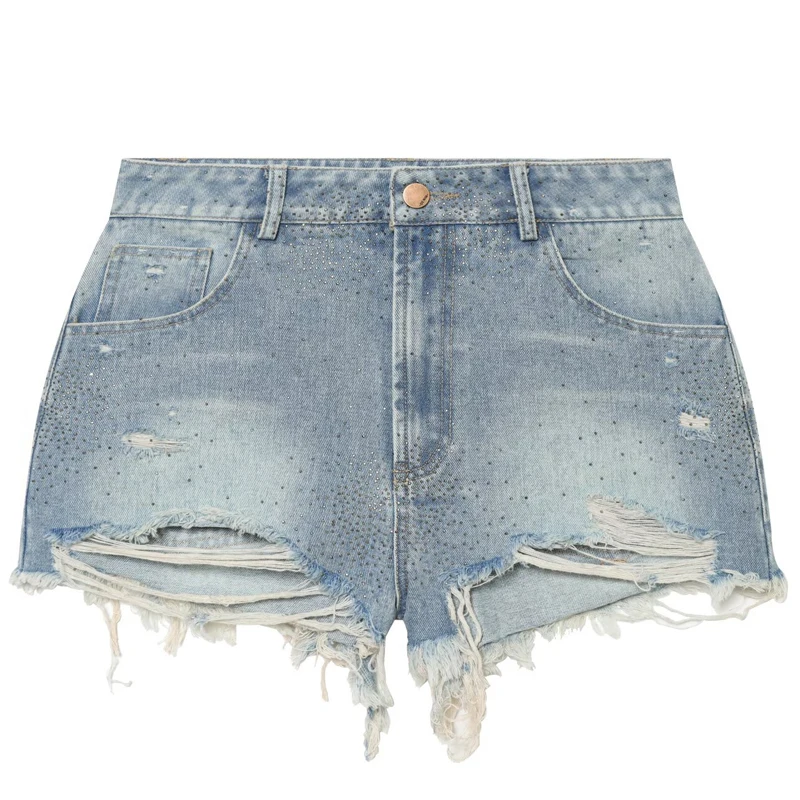 HXAO 2026 Women's Rhinestone Jean Shorts Summer Sparkly Hole High Waist Ripped Frayed Denim Shorts Casual Chic Streetwear Shorts