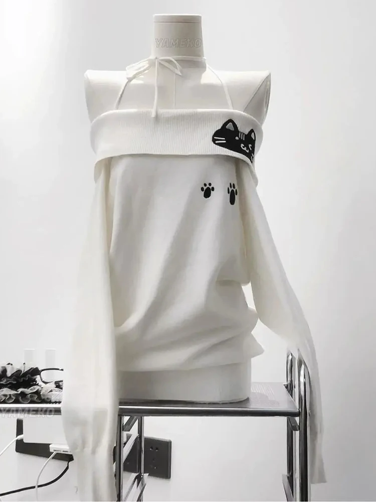Japanese Subculture Cute Sweater Women Y2K Cat Print Slash Neck Kawaii Pullovers Off Shoulder Lace Up Long Sleeve Casual Jumpers
