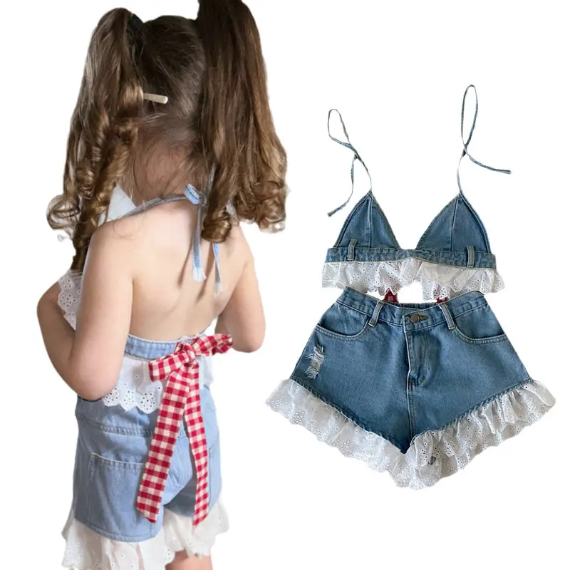 Toddler Baby Girl Denim Outfit Sling Strap Lace Patchwork Tank Top Blue Shorts Set Kids Cowgirl Summer Clothes