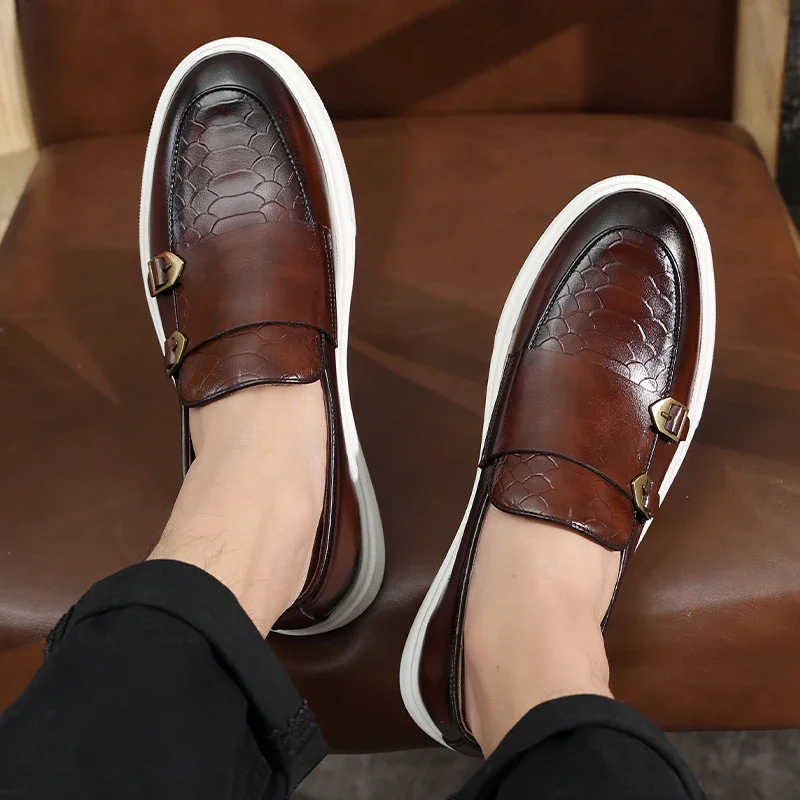 Black Men's Vulcanize Shoes Double Buckle Slip-On Brown Pu Leather Sneakers Shoes for Men with  Size 38-46