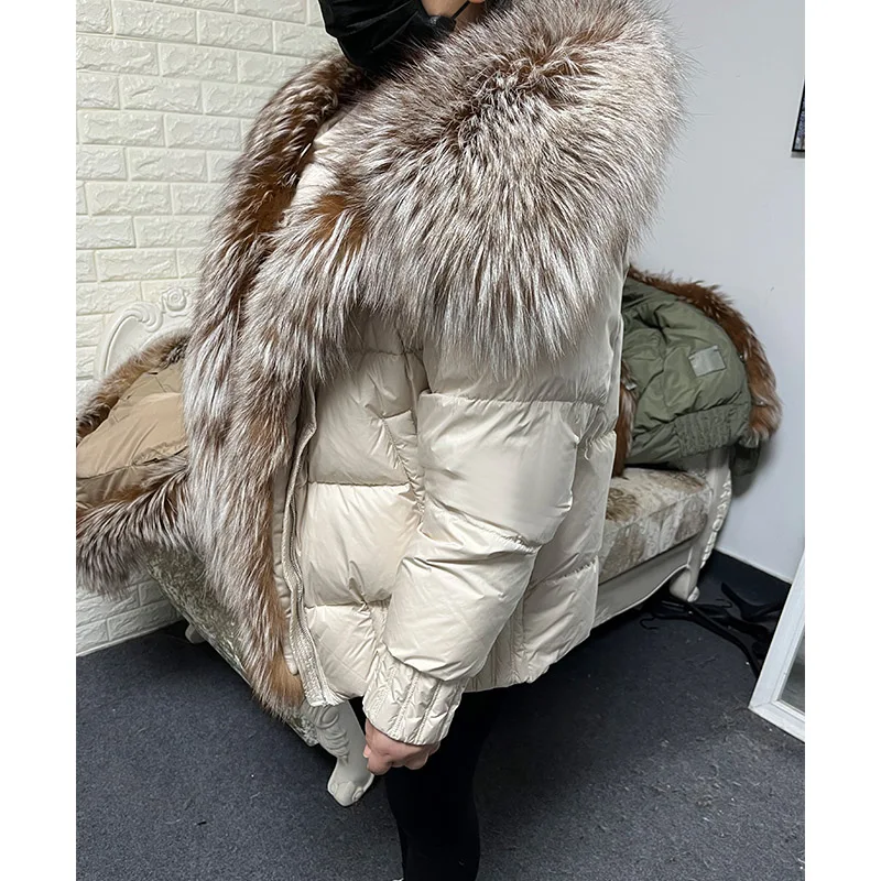 MAOMAOKONG 2024 White Duck Down Jacket Natural Real Fox Fur Collar Hood Puffer Coat Thick Luxury Winter Women Warm Outerwear