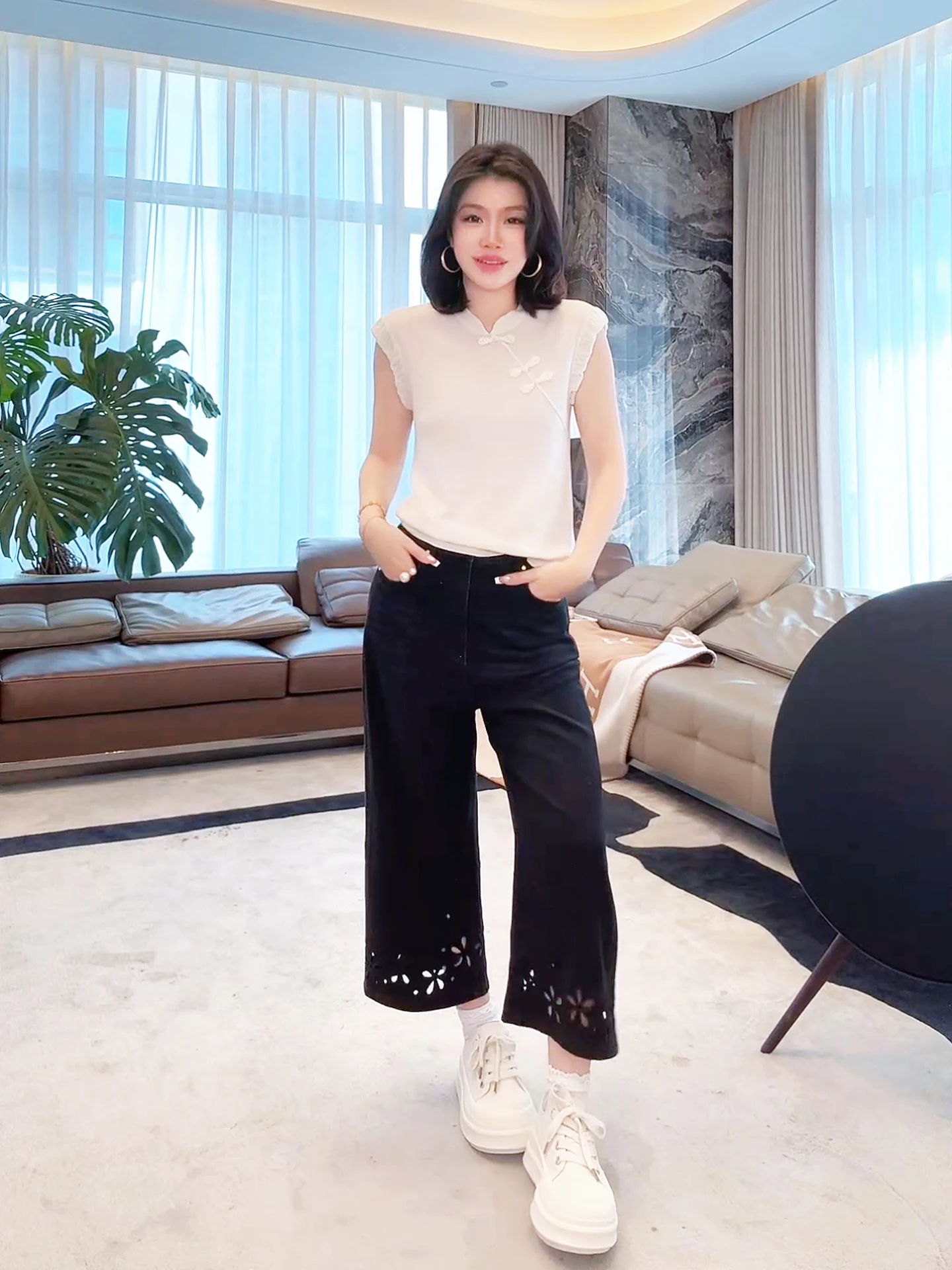 

Модные джинсы скинни с высокой талией и вышивкой из смесовой ткани Bla Wave Flower ME【Eight-Point Bla Wave Flower】M6893