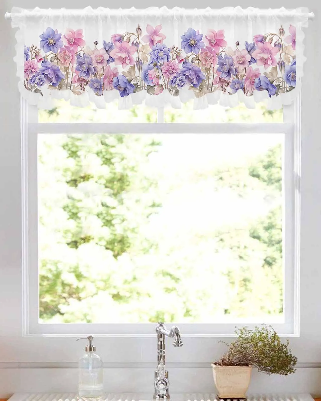 

Spring Flower Watercolor Countryside Short Tulle Half Curtains for Living Room Kitchen Door Cafe Window Sheer Valance Drapes