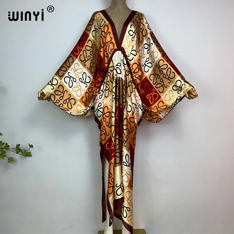 Sexy beach high-quality hand-rolled feel silk rayon fashion print 2023 WINYI Maxi women\'s robes long beach V-neck Bohemian dress