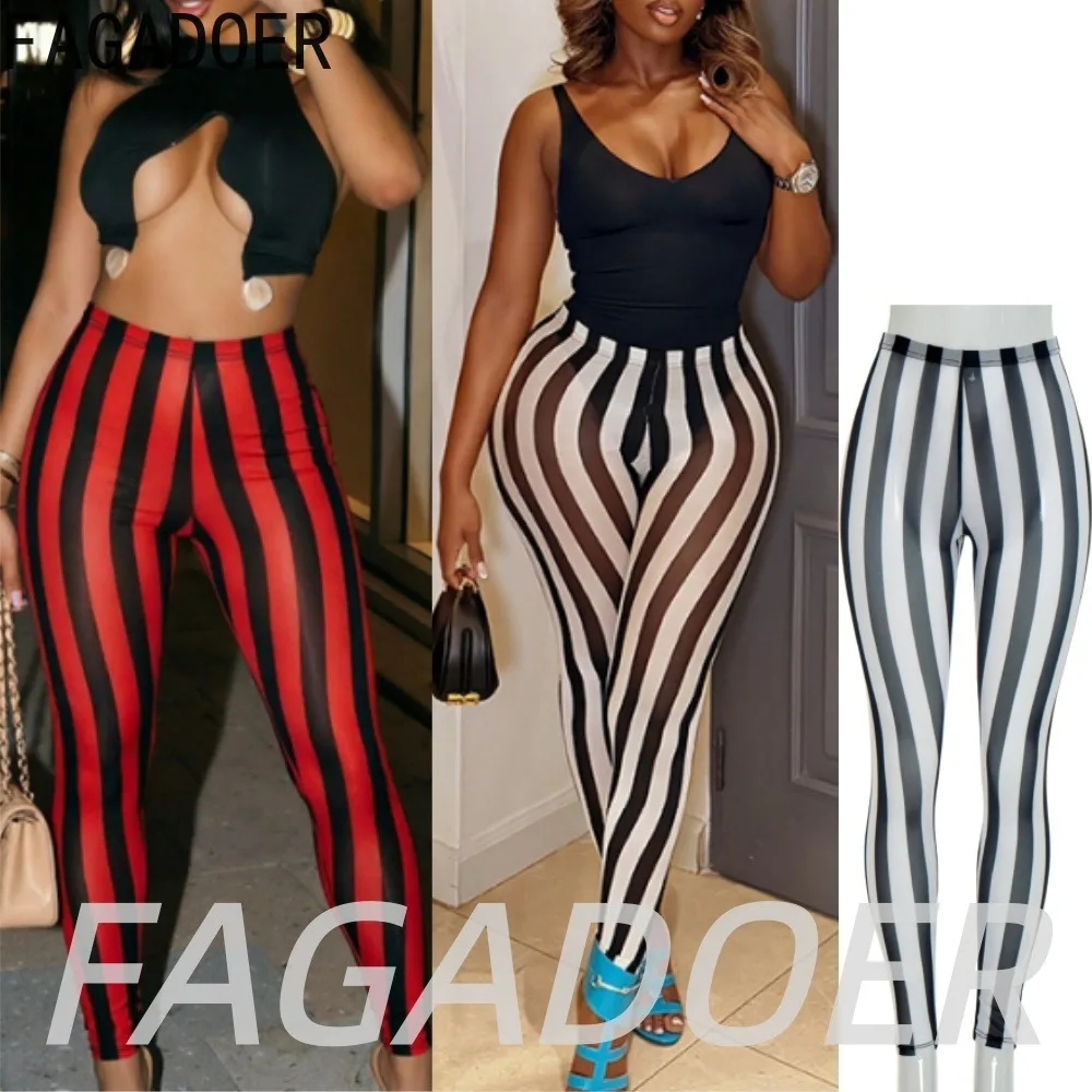 FAGADOER New Sexy Striped Mesh See Throught Pants 2026 Fashion Color Patchwork Bodycon Long Pants Summer Streetwear Club Bottoms