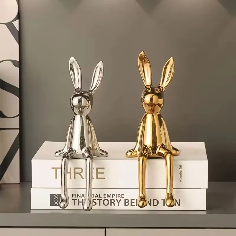 1PCS Ceramic Long-Eared Sitting Rabbit Room Ornaments Statue Luxury Home Decoration Accessories High-End Home Art Aesthetics