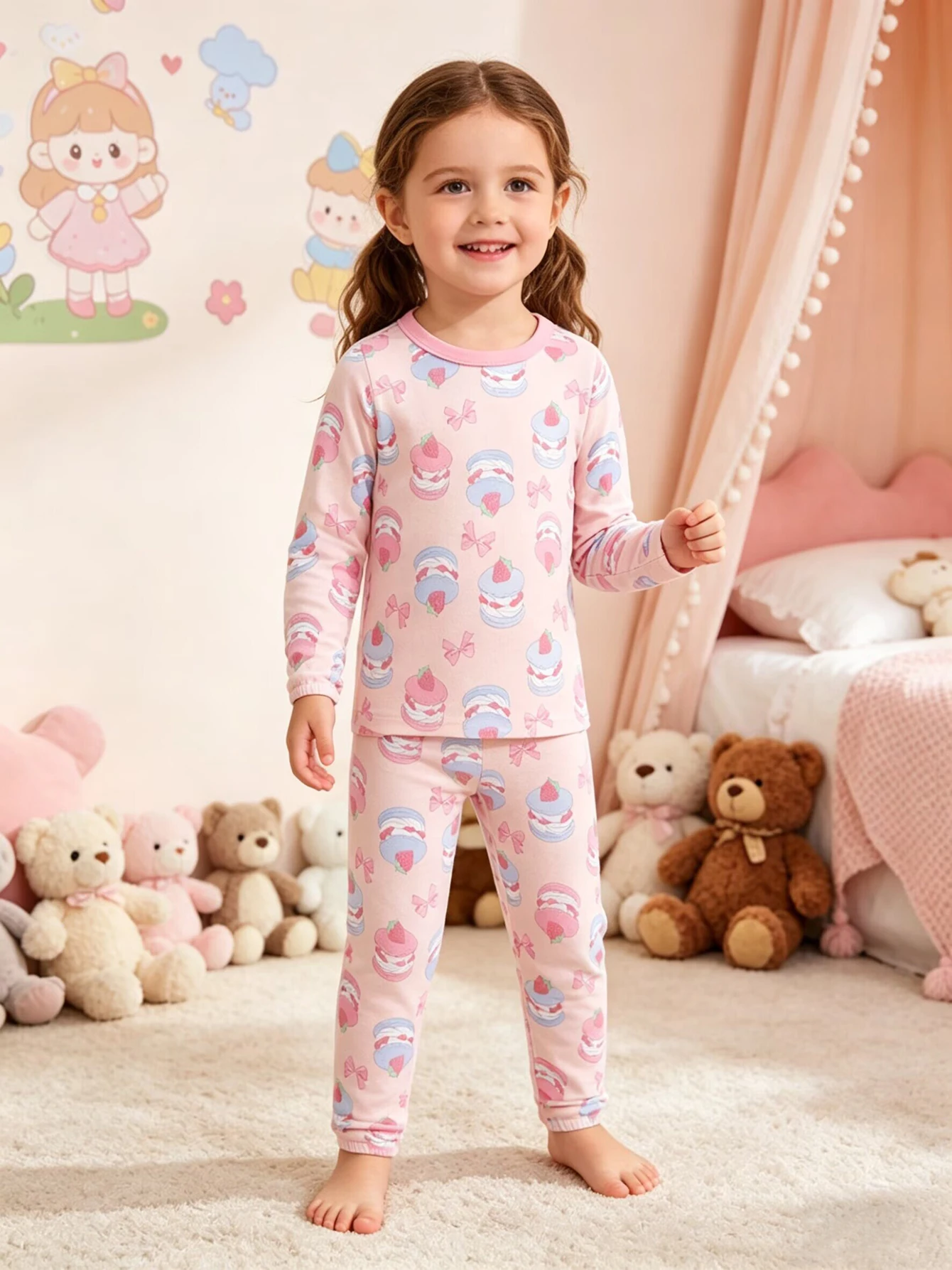 Mädchen-Pyjama aus reiner Baumwolle, dünn für Frühling und Herbst, für Babymädchen im Alter von 1-8 Jahren, Set mit langen Ärmeln und langen Hosen, vollflächig bedrucktes rosa Kuchenmuster, süße Hauskleidung. – Detail 1