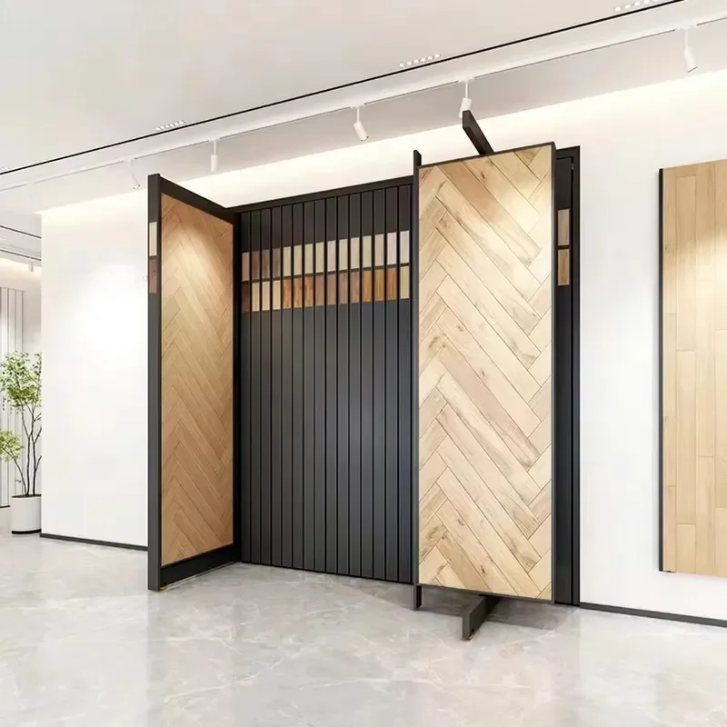 Custom Item, Contact Us Wooden Flooring Display Rack Pivoting Panel Type Floor Sample Stand Showroom Exhibition Holder