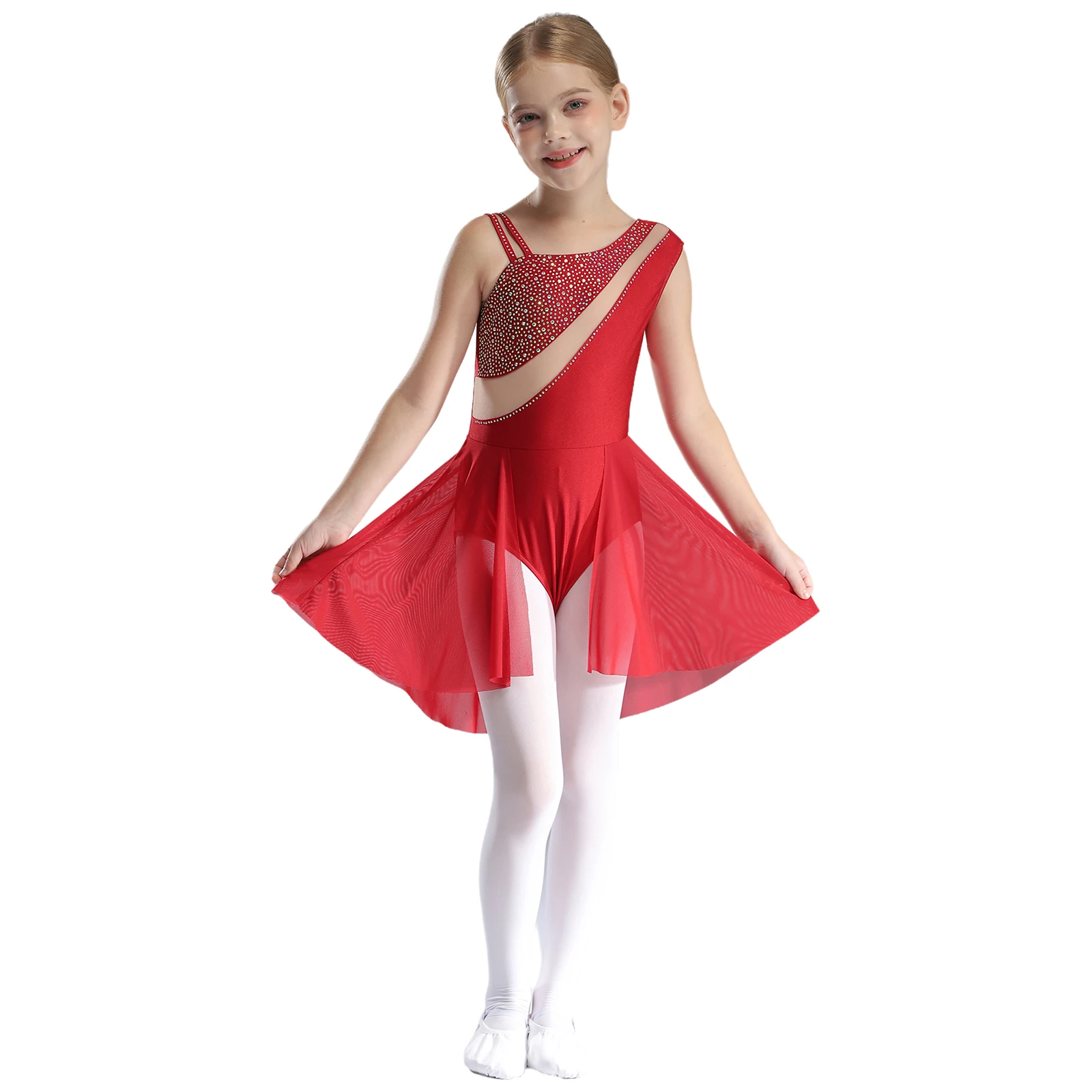 Girls Figure Skating Dance Costume Sheer Mesh Patchwork Glittery Rhinestones Skirted Leotard for Ballet Performance Dancewear