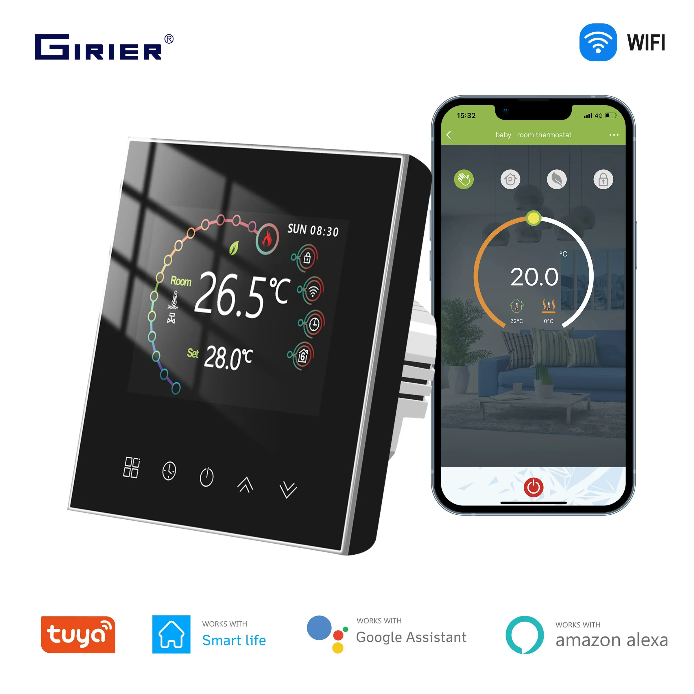 GIRIER Tuya Smart Wifi Thermostat for Water/Electric Floor Heating Gas Boiler Home Temperature Controller Works Alexa Hey Google