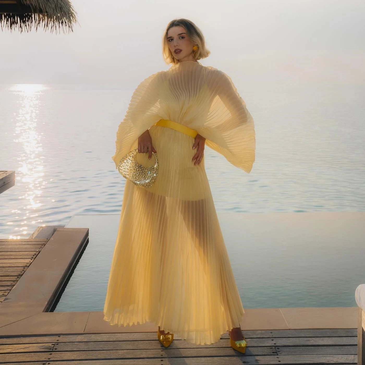 Eye-catching Pleated Dress Sheer Women Yellow Party Dresses Floor Length Full Sleeves Formal Occasion Dress فساتين سهرة