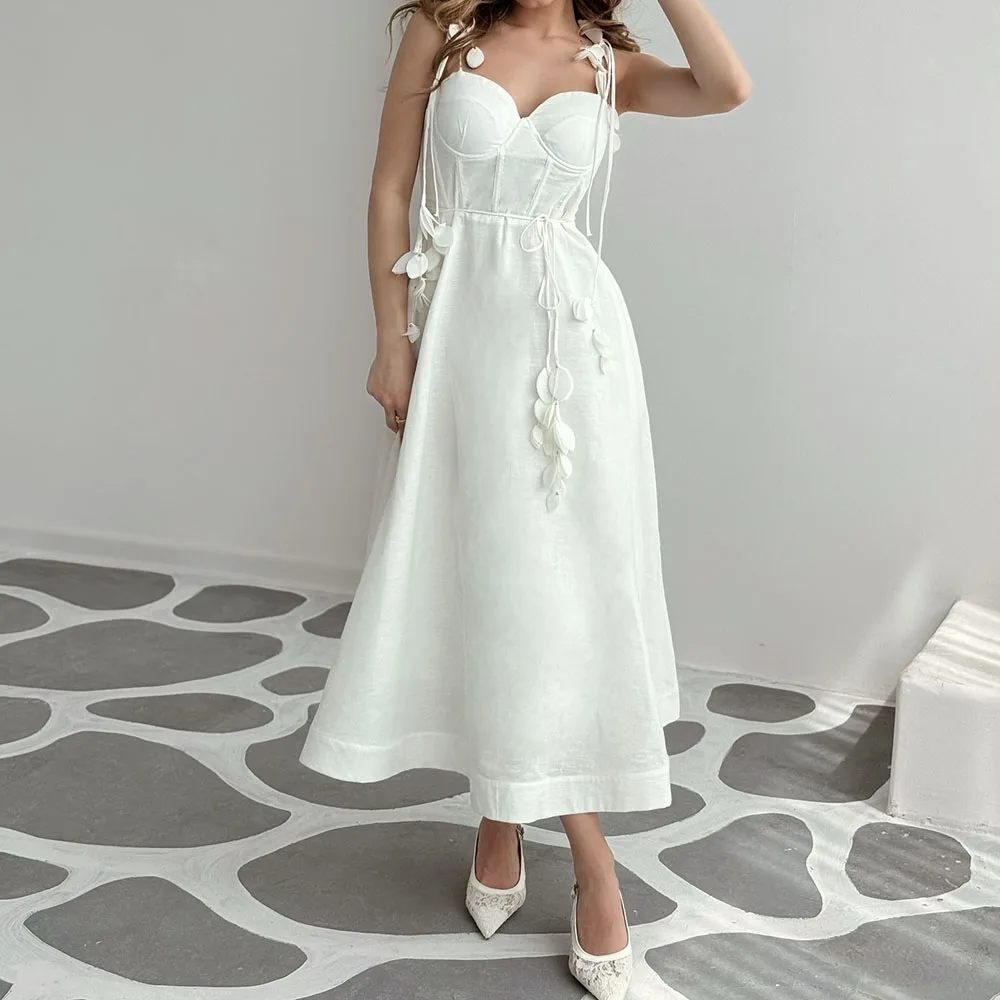 

Customized A-line Evening Dresses Tea-length Spaghetti Strap Sleeveless Prom Gown Simple Fashion Draped Backless Party Gown