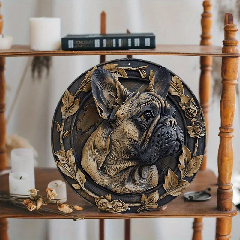 Unique Handcrafted French Bulldog Inlay Aluminum Metal Sign, Circular Wall Plaque Decoration with Intricate Design, 1PC, 8x8in