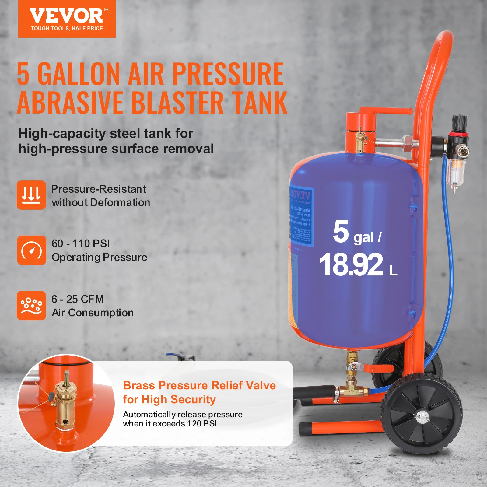 VEVOR 5/10/20 Gallon Sand Blaster 60-110 PSI Portable Air Sandblaster Kit with Oil-Water Separator for Paint Stain Rust Removal