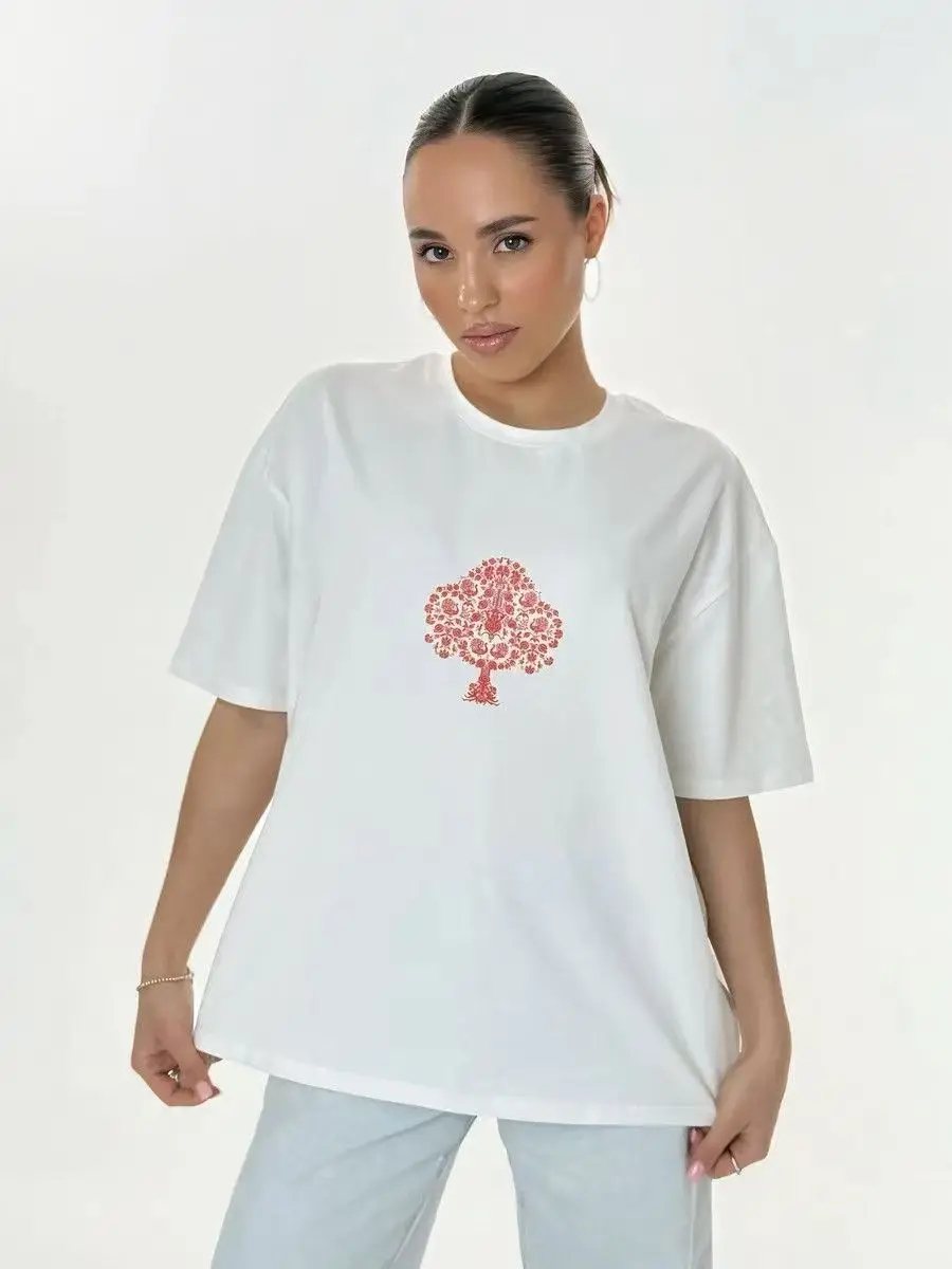 Funny Pattern Mezin Painted Russian Ancient Folk Crafts Printed 100% Cotton High Street T Shirts for Women Clothes Casual Tees