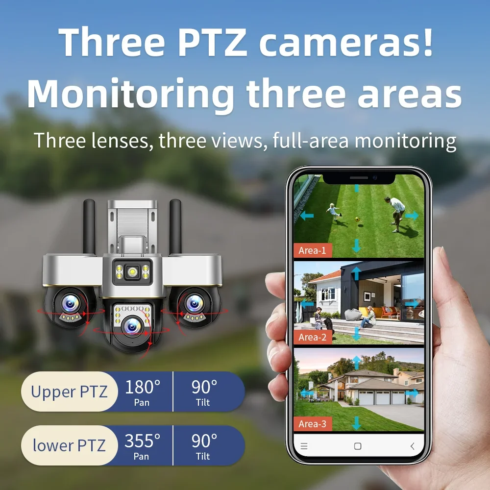 15MP HD Wifi Security Camera Smart 3 PTZ Lens 3 Screen Color Night Vision 10X Zoom Cameras Human Detect CCTV Security Protection