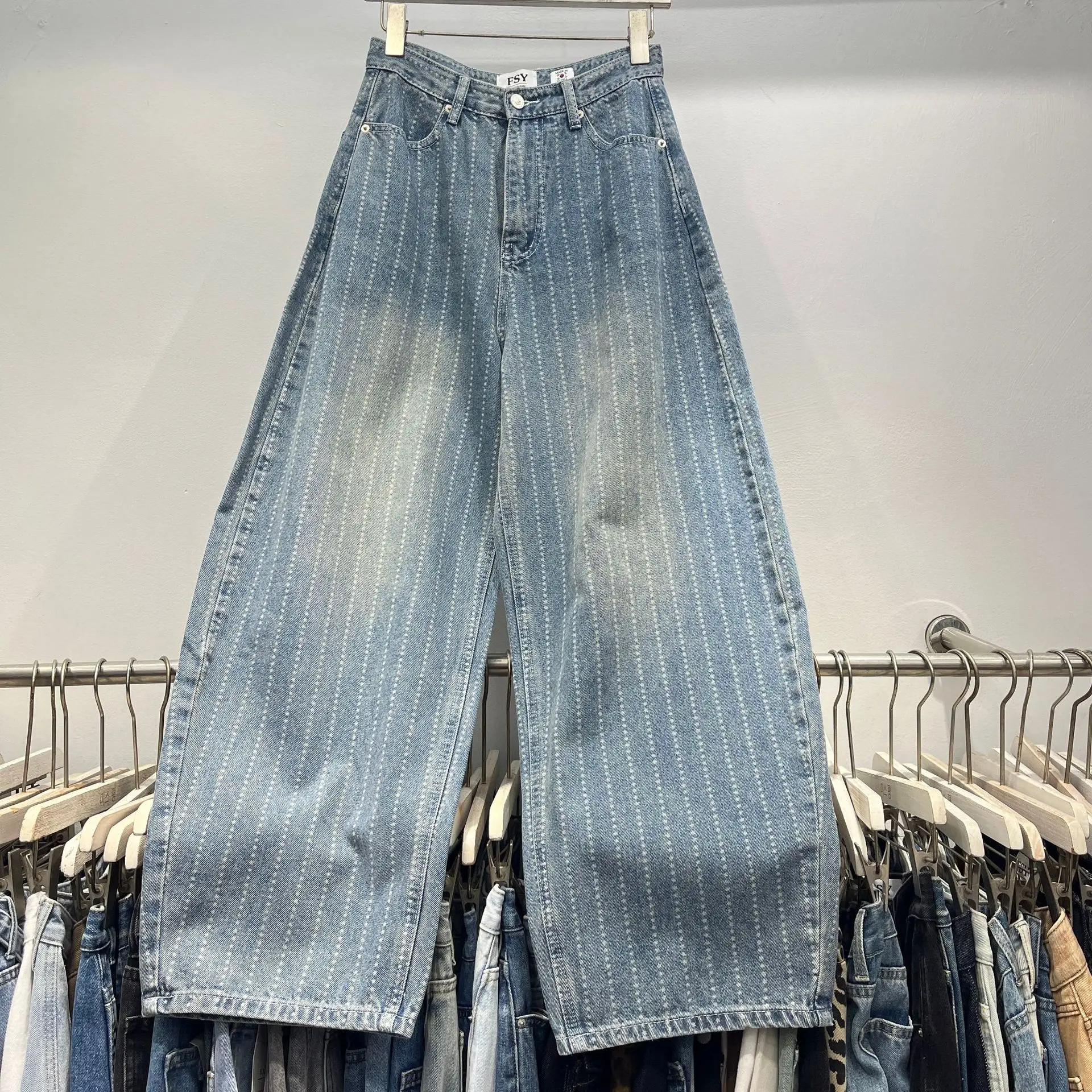 

SuperAen Vintage Stripe Diamond Denim Wide-leg Pants for Women 2026 Spring New Korean Style High Waist Straight Pants
