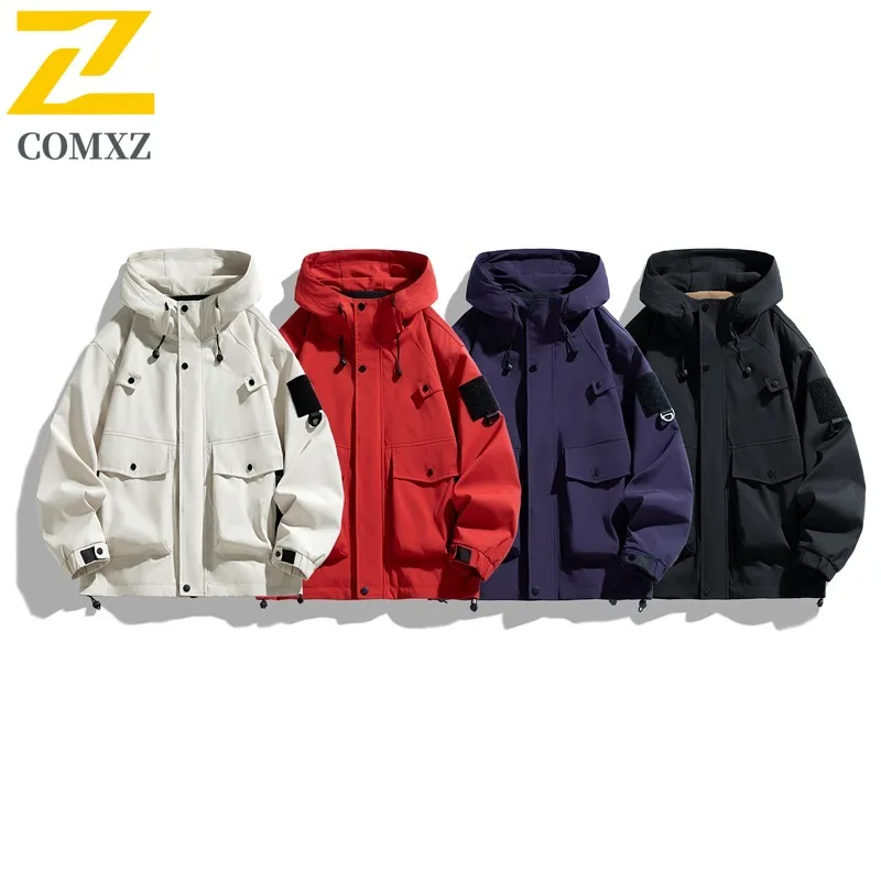 

COMXZ Men Mountaineering Jacket Hooded Outdoor Multi Feature Coat Solid Tone Travel Lightweight Autumn Motorcycle Jackets
