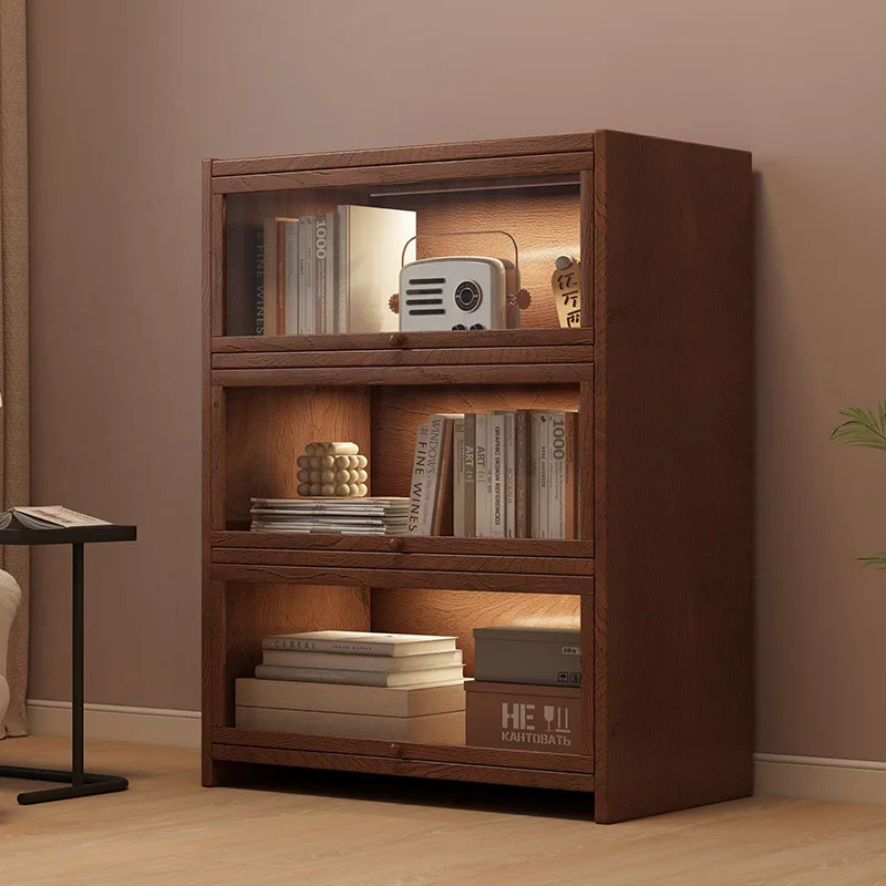 American retro floor-to-ceiling bookcase Solid wood small cabinet Locker Living room storage Display cabinet Integrated shelf