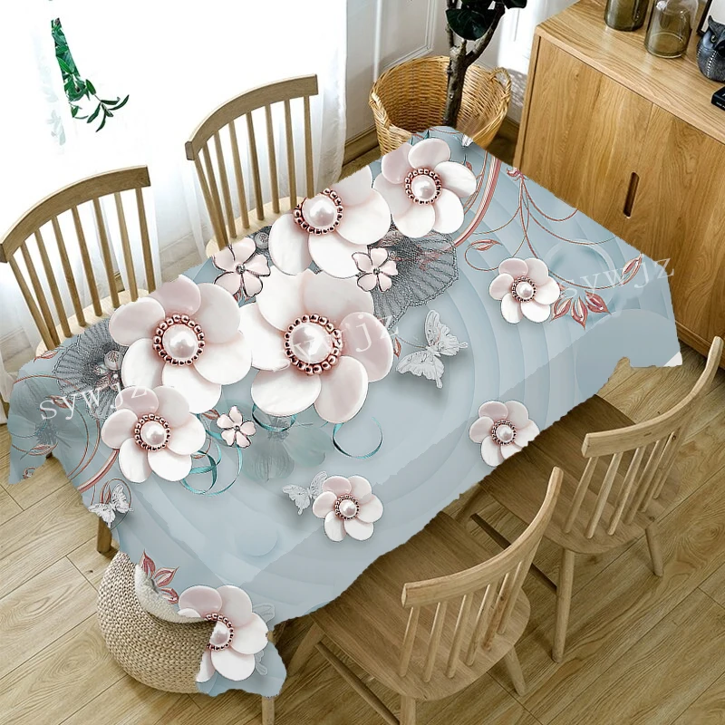 Modern Fashion 3D Pearl Flower Butterfly Tablecloth Home Dinner Table Decoration Wedding Festive Party Rectangle Tablecloth