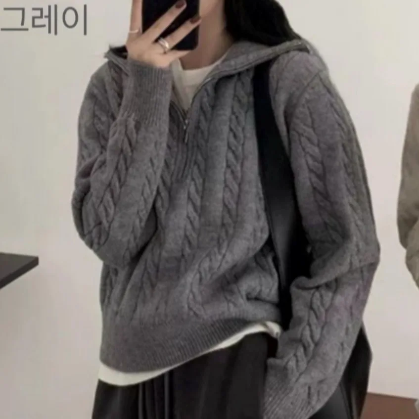 

Chic Autumn Winter Thi Knitted Sweater Women's Vintage f Zip Lazy Versatile Sweater Faionable Casual Polyester Fiber