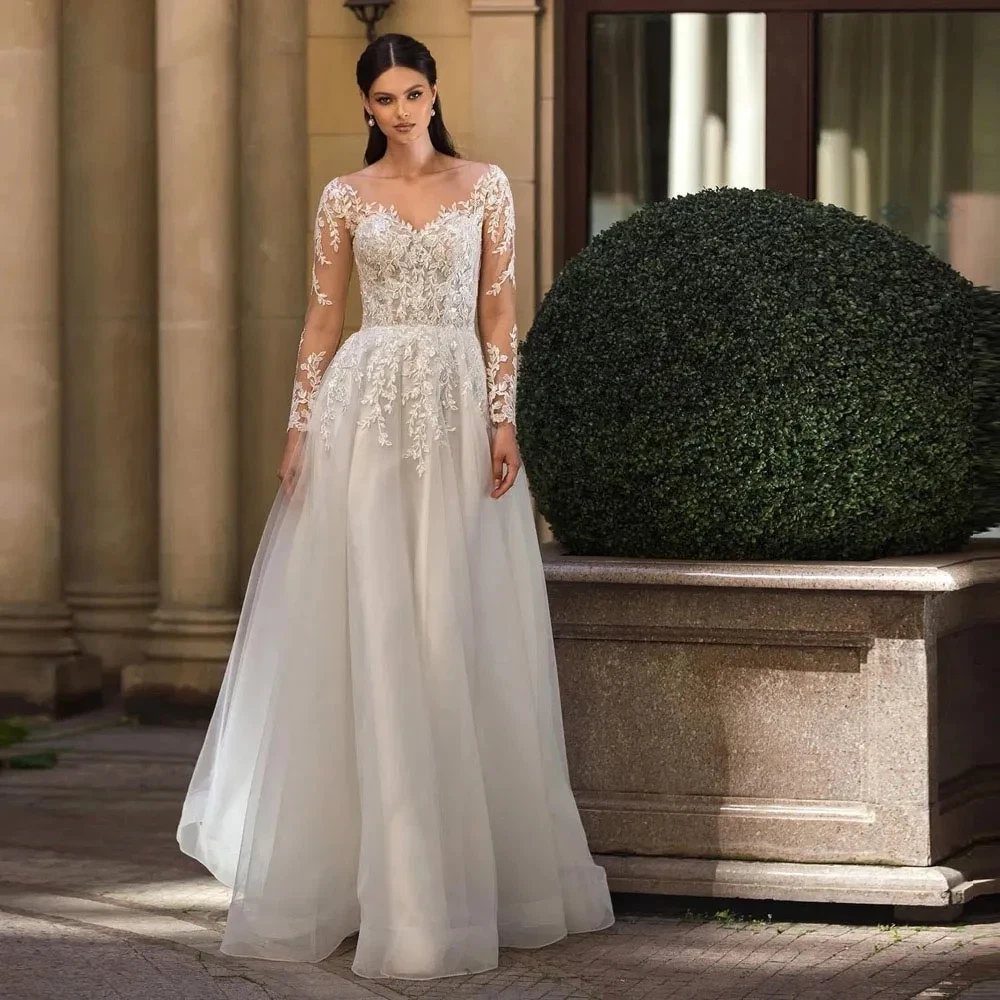 Elegant White A-Line Chiffon Decal Women's Wedding Dress Sexy V-Neck Backless Ball Bride Dress Vestido De Novia Customized