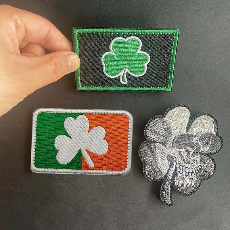 Lucky Four-Leaf Clover Skull Morale Badge Embroidered Patches,Ireland Subdued Irish Shamrock Tactical Emblem Backpack Applique