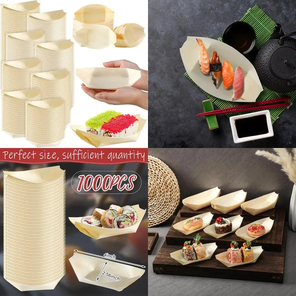 

1000 Pack Bamboo Leaf Style Disposable Plates, 4 Sushi Serving Boats, Wood Bowls for Catering & Home Use