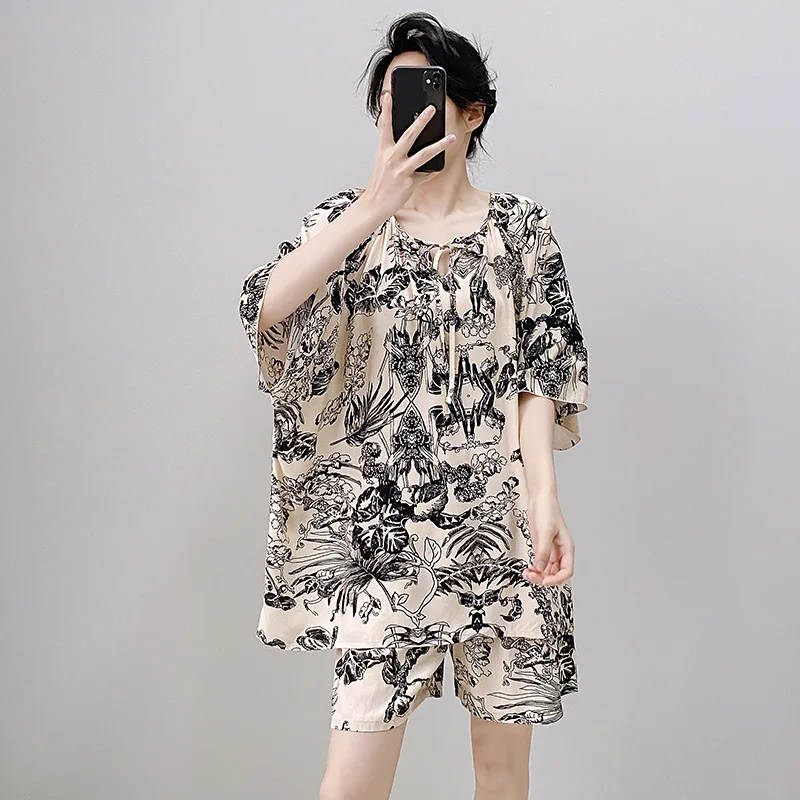 Cotton Silk Pajamas Sets Women's Summer Short-sleeved Tops Shorts Pants 2PCS Large Size Print Sleepwear Set Thin Loungewear Suit 4