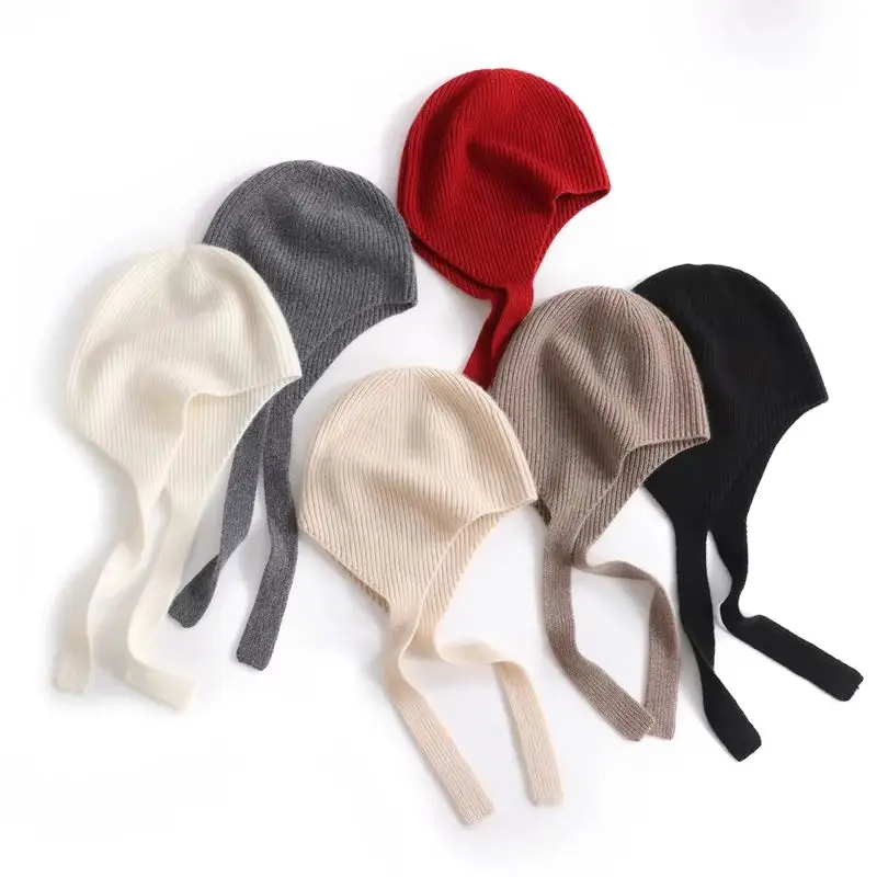 100% Pure Cashmere Hat Casual Layered Niche Drawstring Warm Knitted Autumn Winter Fashion Solid Color Versatile