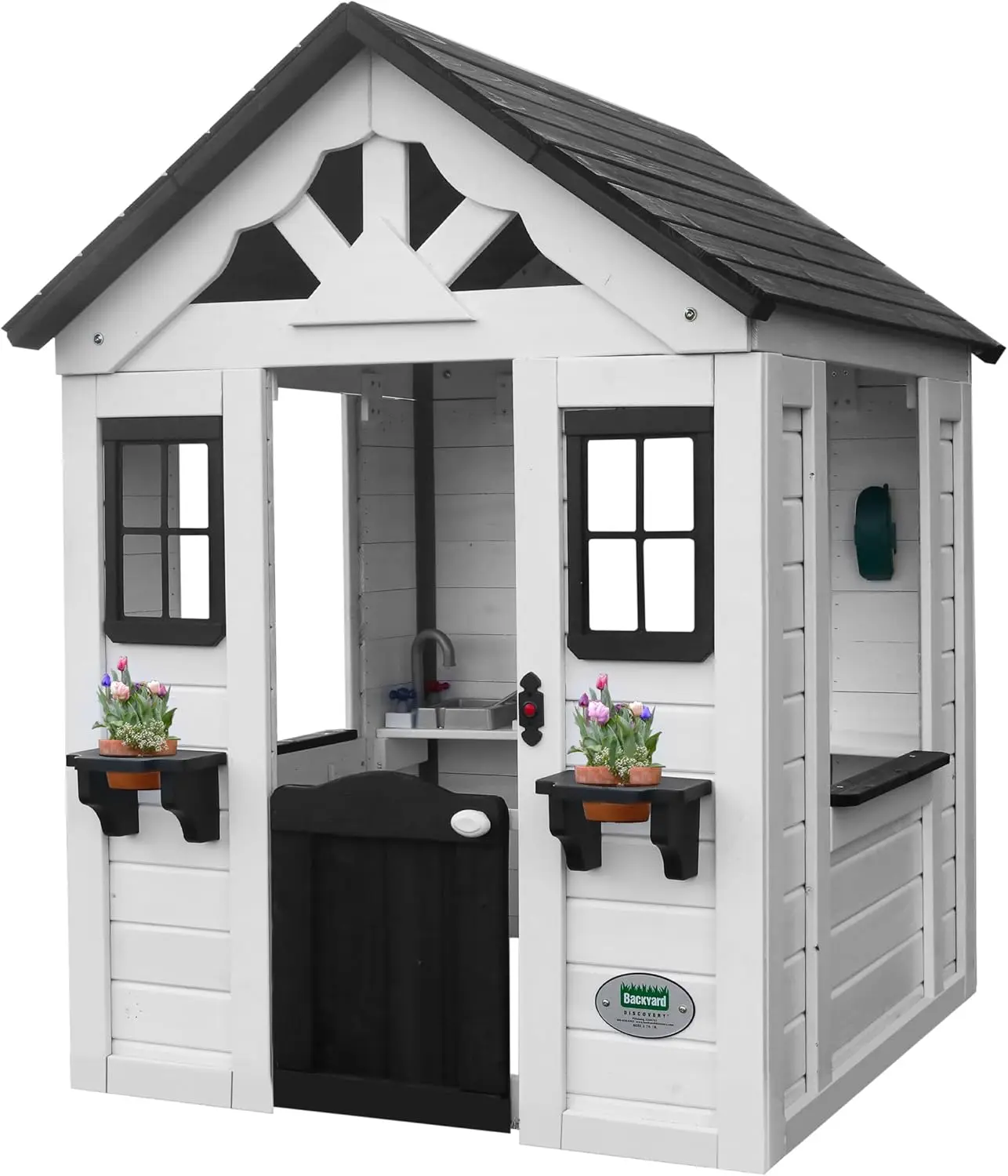 Sweetwater All Cedar White Modern Outdoor Wooden Playhouse, Cottage, Sink, Stove, Windows, Kitchen with Pot and Pans