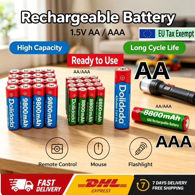 DHL 2026 NUOVA Batteria Ricaricabile Dolidada 1.5V AA 9800mAh/AAA 8800mAh, Adatta per Giocattoli Telecomandati e Torce
